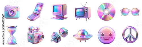 Y2K style holographic icons isolated on transparent background. Retro camera, flip phone, computer, TV, CD, sunglasses, barbell, hourglass, UFO, smiling face, peace 90s 3D elements in png collection