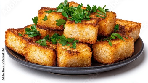 A photostock of kitchen croutons on a white background, crunchy and appetizing.