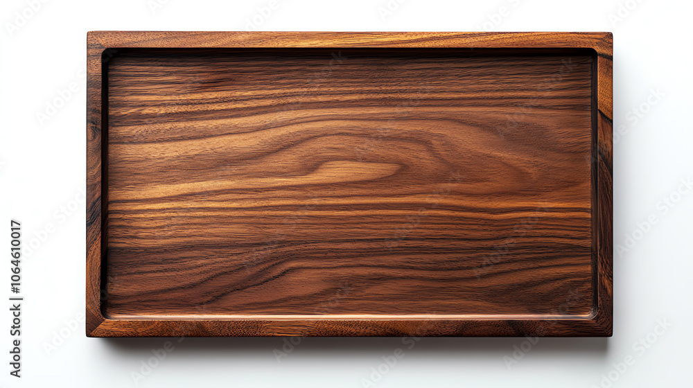 Stylish wooden tray with rich grain on white background and copy space for your design Stylish wooden tray with rich grain on white background and copy space for your design