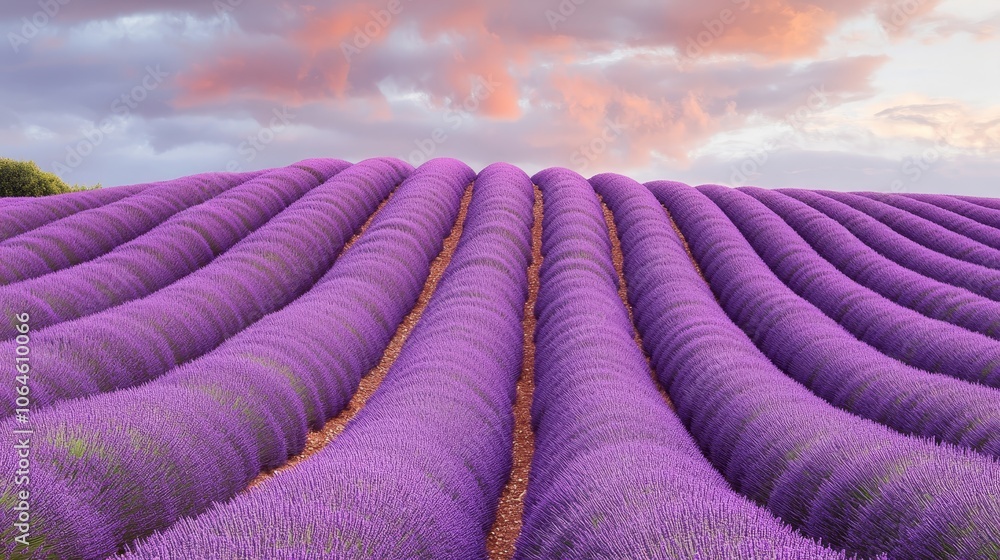 Fototapeta premium Breathtaking landscape, rows of lavender plants in full bloom across a vast field under clear sky
