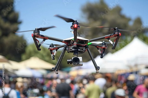 A drone equipped with a camera flying over a bustling outdoor market on International Drone Day