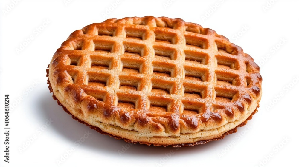 A photostock of a butter cookie on a white background, close-up and golden. A photostock of a butter cookie on a white background, close-up and golden.