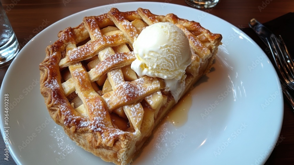 Freshly baked apple pie with a lattice crust, served warm with a scoop of vanilla ice cream Freshly baked apple pie with a lattice crust, served warm with a scoop of vanilla ice cream