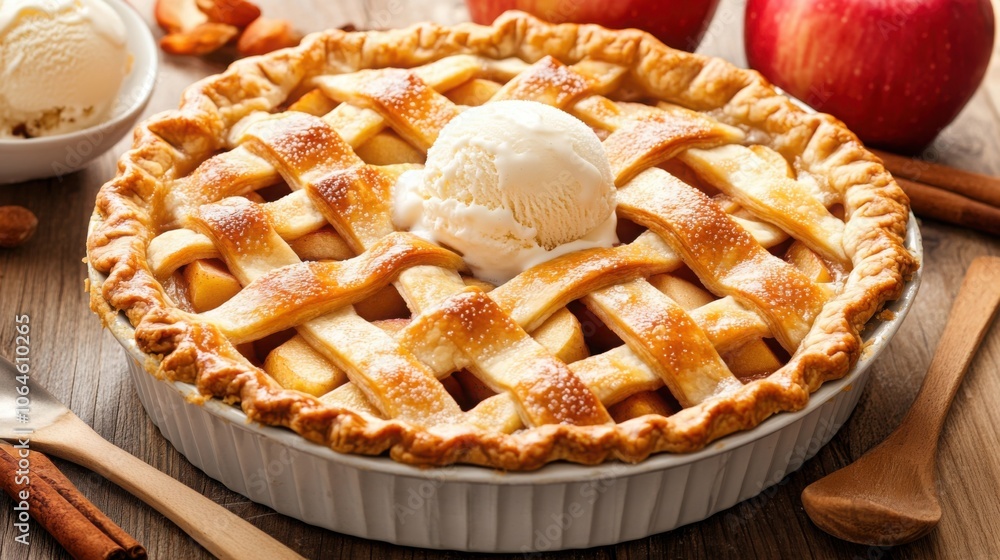 Freshly baked apple pie with a lattice crust, served warm with a scoop of vanilla ice cream Freshly baked apple pie with a lattice crust, served warm with a scoop of vanilla ice cream