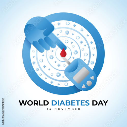 World diabetes day - Diabetes Blood Glucose Meter and hand with drop blood on blue ring circle vector design