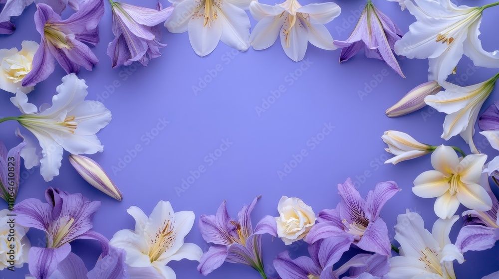 Exquisite frame of white and purple flowers, a stunning display of floral elegance for memorable occasions Exquisite frame of white and purple flowers, a stunning display of floral elegance for memorable occasions