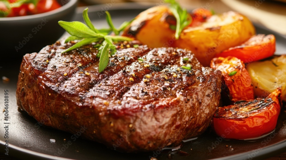 Juicy grilled steak with a side of roasted vegetables and a loaded baked potato, an American steakhouse dish Juicy grilled steak with a side of roasted vegetables and a loaded baked potato, an American steakhouse dish