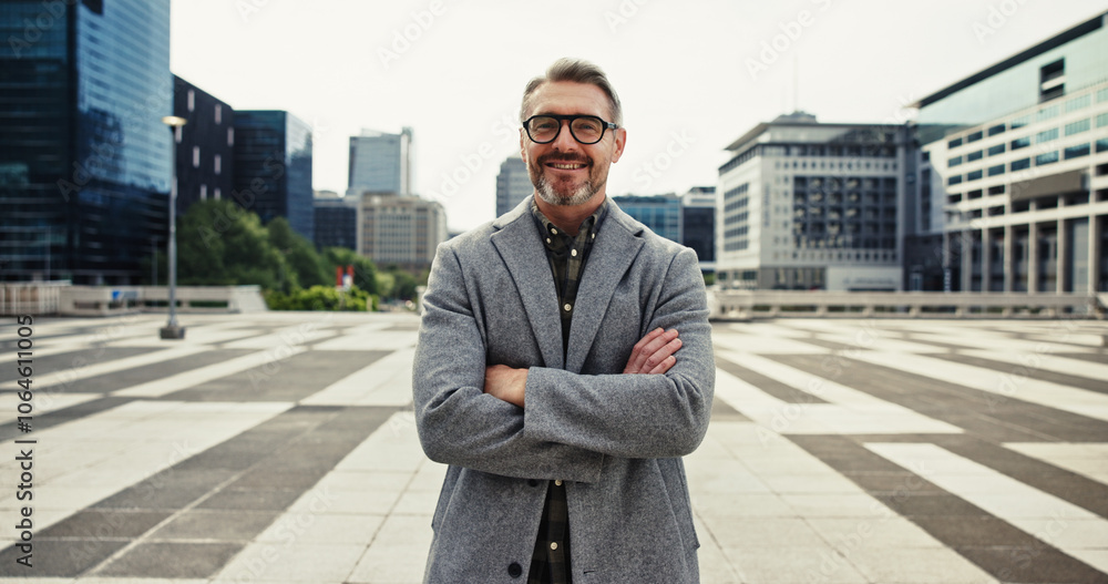 Mature, businessman and portrait in city for meeting as real estate agent for morning commute. Male person, outdoor and happiness as realtor for transport, travel and career with arms crossed in USA Mature, businessman and portrait in city for meeting as real estate agent for morning commute. Male person, outdoor and happiness as realtor for transport, travel and career with arms crossed in USA