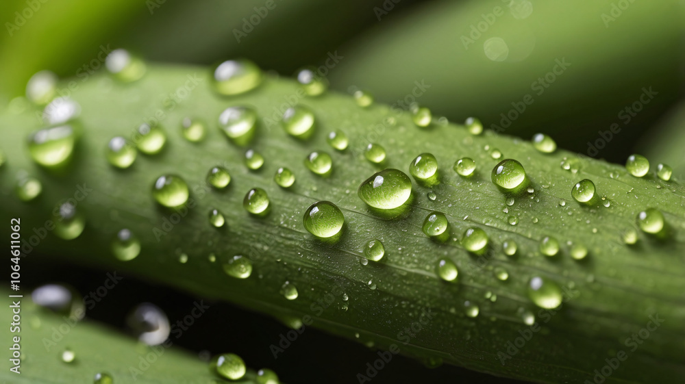 Beautiful details of nature. Morning dew drops on fresh green leaf. Summer nature macro pattern Beautiful details of nature. Morning dew drops on fresh green leaf. Summer nature macro pattern