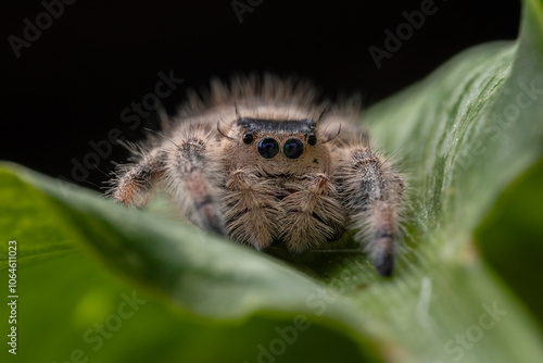 Macro image of Phidippus regius jumping spider action on green leaf. Shows eye details. photo