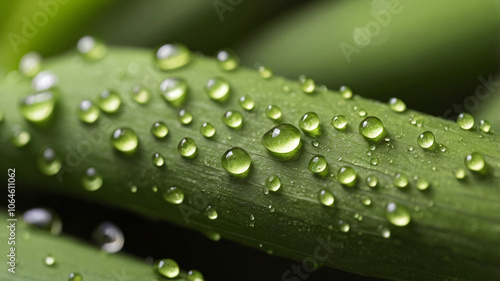 Beautiful details of nature. Morning dew drops on fresh green leaf. Summer nature macro pattern