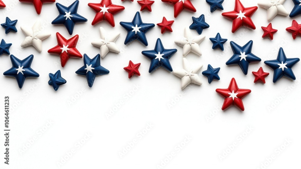 A photostock of patriotic confetti stars in red, white, and blue on a white background, festive and isolated. A photostock of patriotic confetti stars in red, white, and blue on a white background, festive and isolated.