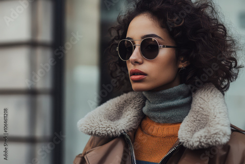 A stylish woman with curly hair wearing sunglasses and a cozy sweater in an urban setting.