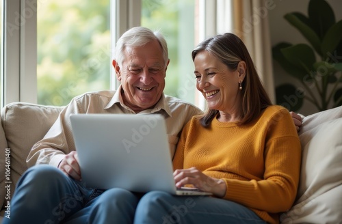 Happy middle aged couple using laptop computer relaxing on couch at home.