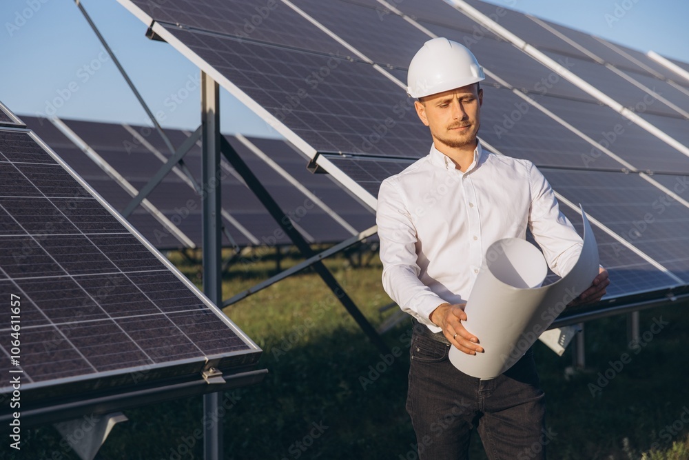 Engineer Inspecting Solar Panels at Renewable Energy Site Engineer Inspecting Solar Panels at Renewable Energy Site