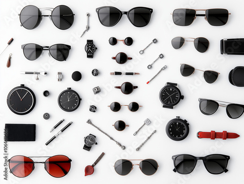 Top view of a selection of sunglasses watches and jewelry photo