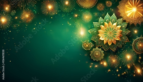 decorated with intricate gold mandalas and sparkling fireworks bursting in the night sky. Oriental festival of lights. Opulent Diwali celebration scene with a rich emerald green background,  Ramadan