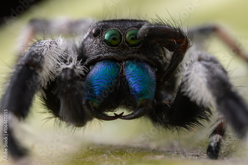 Macro image of Phidippus regius jumping spider action on green leaf. Shows eye details. photo