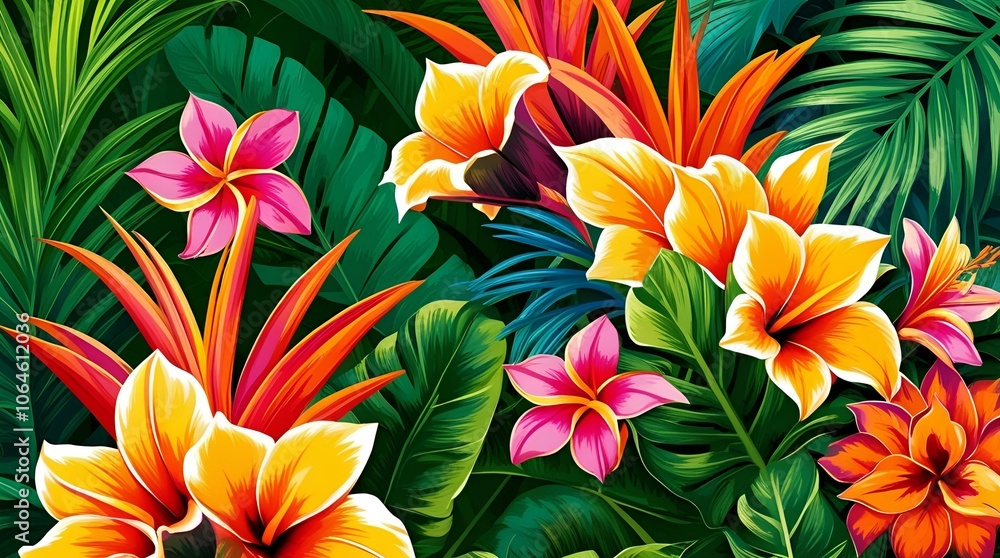 Vibrant tropical flowers with a mix of colors and green foliage on a dark background Vibrant tropical flowers with a mix of colors and green foliage on a dark background