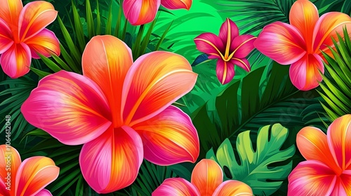 Colorful tropical flowers on a green background with bright colors