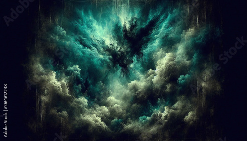 Green blue clouds, grunge dark smoke texture, black haunted background for horror. Generative AI.