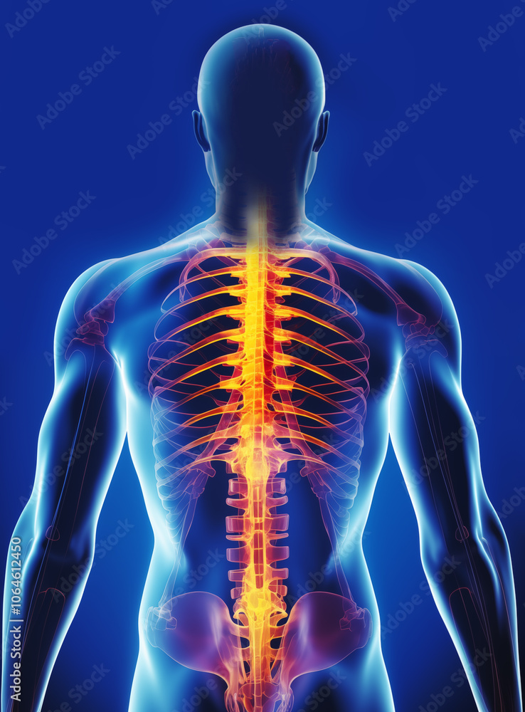Male feeling the back pain - human skeleton anatomy focusing on a prominently highlighted spine, medical 3D x-ray view, isolated on blue background. Painful backbone concept. Male feeling the back pain - human skeleton anatomy focusing on a prominently highlighted spine, medical 3D x-ray view, isolated on blue background. Painful backbone concept.