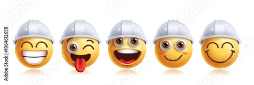 Emoji engineer emoticon characters vector set. Emojis 3d contractor character profession in cute, happy, naughty, friendly, smiling, excited, silly and amaze facial expression emoticons face elements 