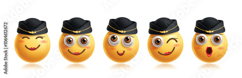 Emoji steward emoticon characters vector set. Emojis 3d flight attendant character profession in happy, friendly, naughty, silly, shocked and smiling facial expression emoticons woman elements 