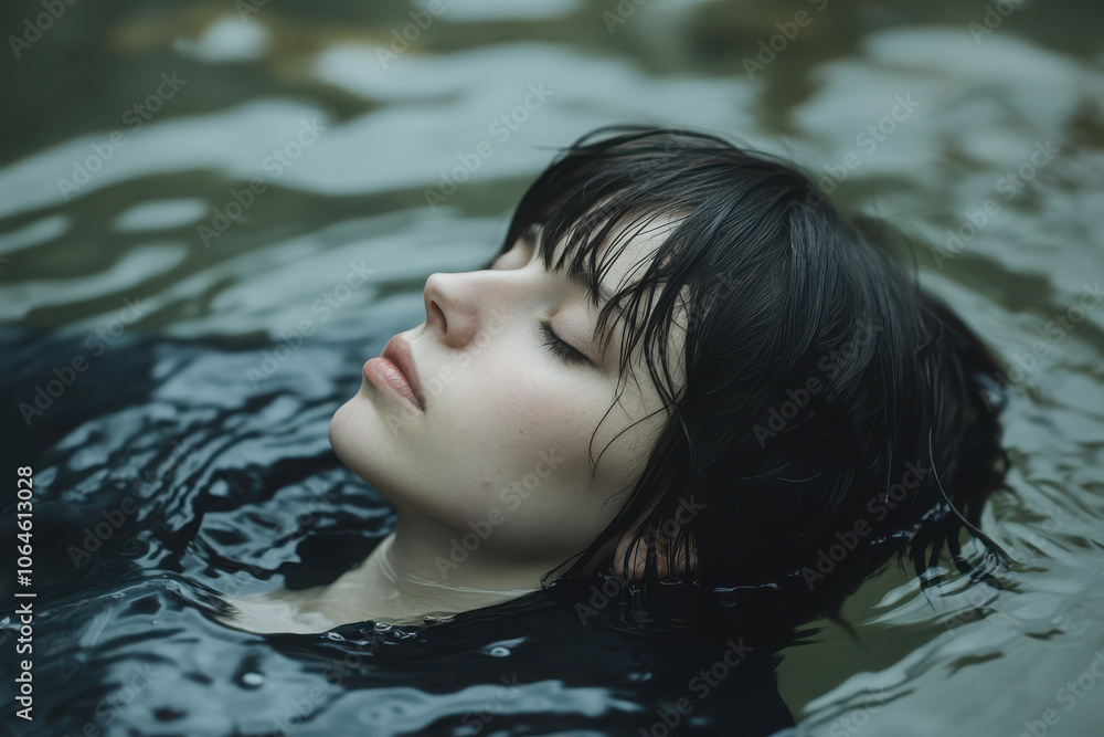 Fototapeta premium A serene portrait of a person floating in water, embodying tranquility and introspection.