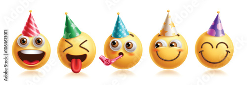 Emojis birthday characters emoticon vector set. Emoticons birthday character in happy, excited, naughty, smiling, curious and funny wearing party hat 3d graphic elements character. Vector illustration