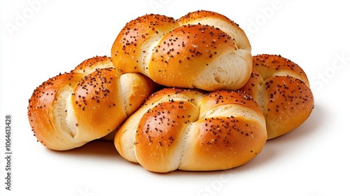 A photostock of round golden pretzels on a white background, crunchy and isolated.