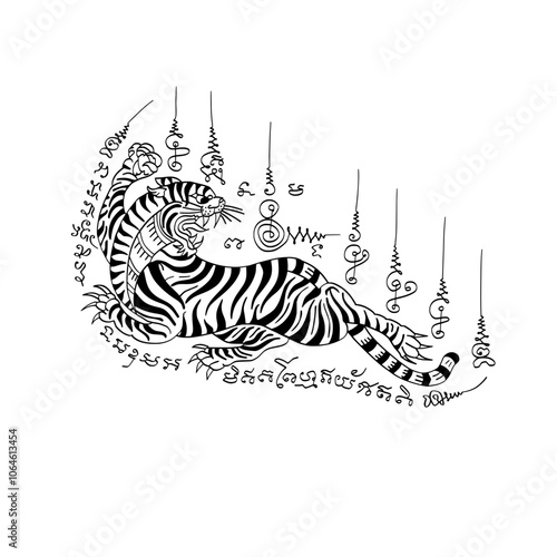 Thai traditional tattoo, a tiger looking back (Suea Leaw Lung). vector file for various tasks

