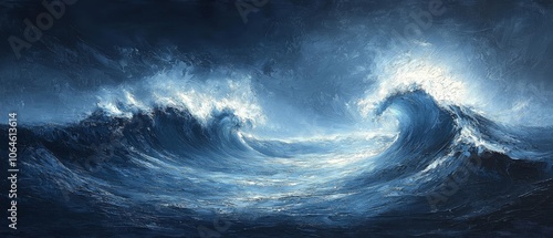 A dramatic seascape depicting powerful waves under a moody sky.