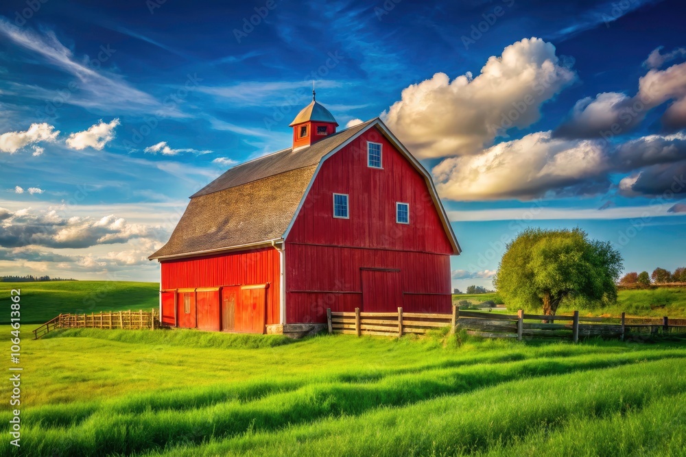 Obraz premium Bright Red Barn Under Clear Blue Sky - Vibrant Farm Scene for Stock Photography