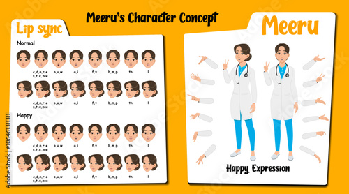 A happy radiologist cartoon character AKA Meeru. Happy face expressions and lip sync. Set of radiologist cartoon with various hand gesture and front and 1/3 standing pose.