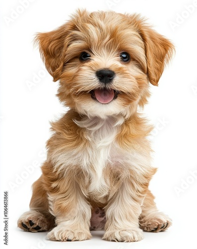 Beautiful happy reddish havanese puppy dog is sitting frontal , isolated on white background, , copy space for text,