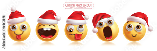 Emoji emoticon christmas characters vector set. Emoticons santa claus character in funny, naughty, silly, happy, smiling, shocked and surprise facial expression wearing red hat 3d graphic elements 