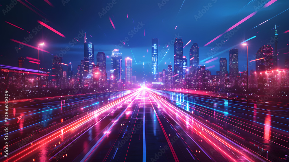 Futuristic cityscape with glowing neon lights and dynamic motion blur, themes of future cities, technology, and urban development, wide banner Futuristic cityscape with glowing neon lights and dynamic motion blur, themes of future cities, technology, and urban development, wide banner