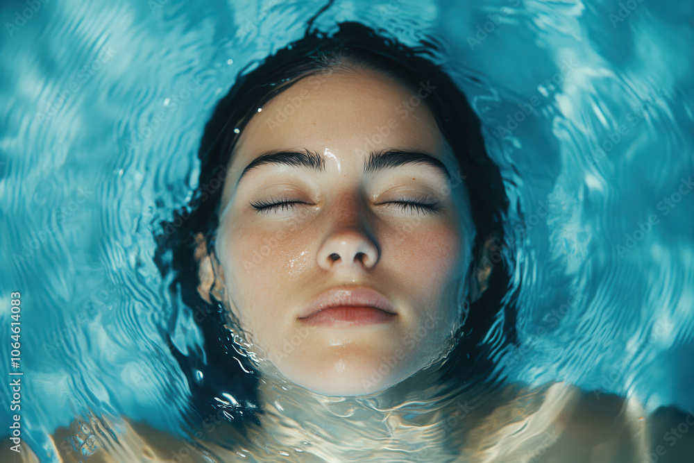 A serene woman floats peacefully in clear blue water, conveying tranquility and calmness. A serene woman floats peacefully in clear blue water, conveying tranquility and calmness.