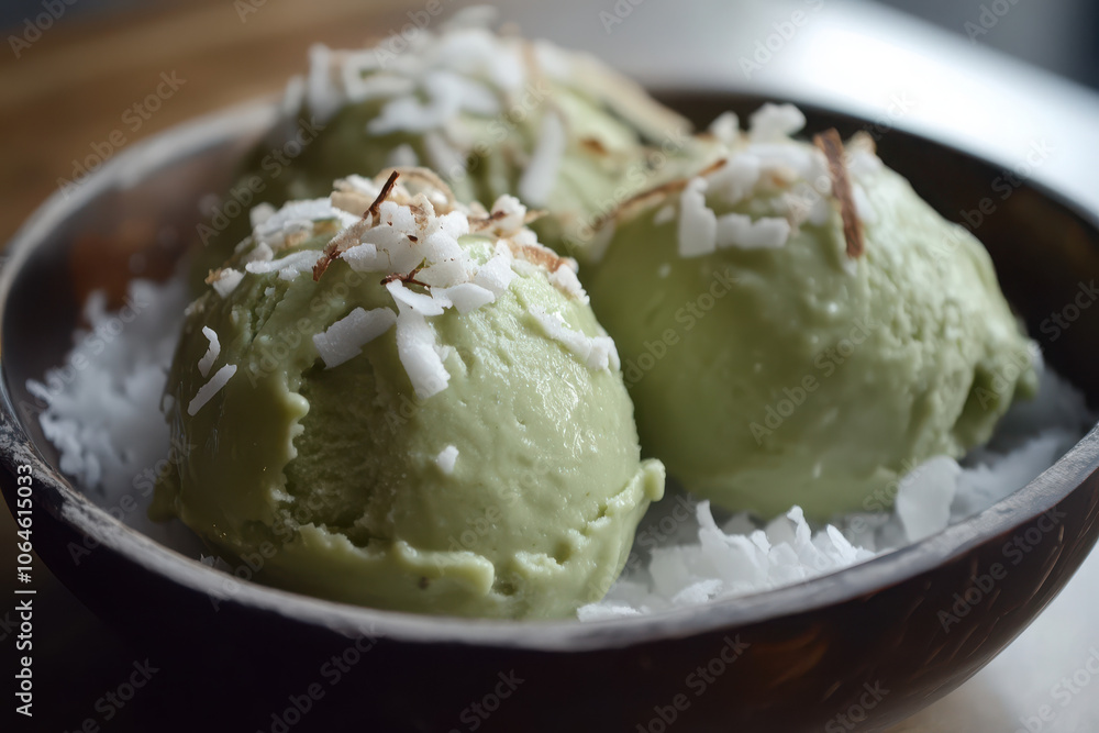 A bowl of green ice cream topped with shredded coconut and served on a bed of coconut flakes. A bowl of green ice cream topped with shredded coconut and served on a bed of coconut flakes.