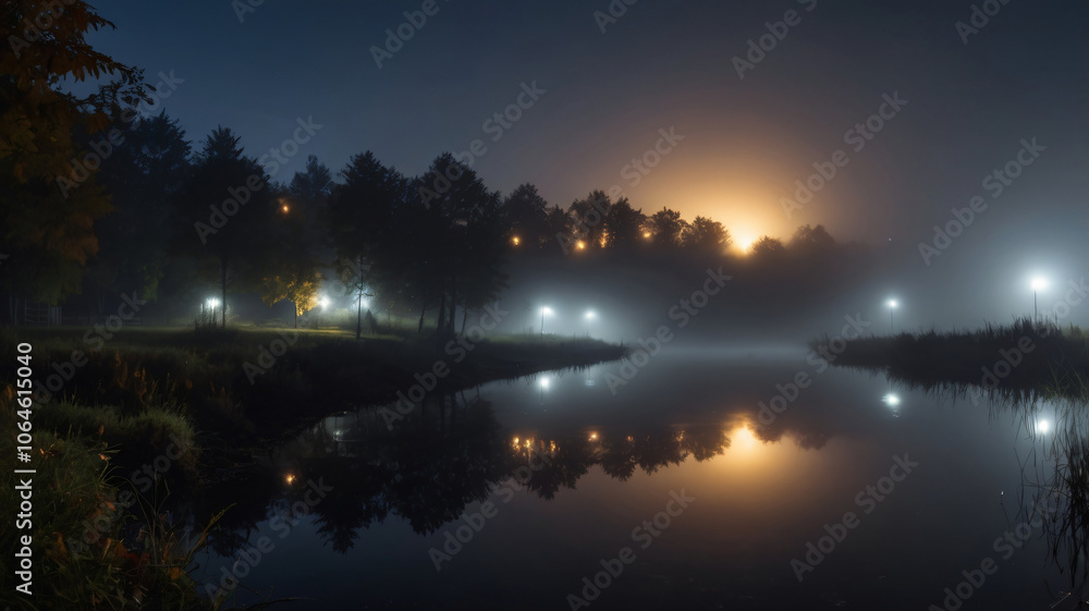 Morning mist over forest lake at night Morning mist over forest lake at night