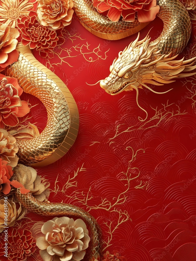 Golden Dragon with Flowers. Golden Dragon with Flowers.