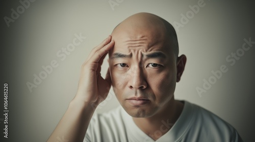 A bald Asian man with his hand on his forehead, showing signs of hair loss and intense suffering.