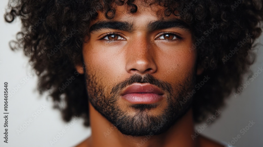 Close-up of a man with big, textured curls, with a calm expression on a neutral background Close-up of a man with big, textured curls, with a calm expression on a neutral background