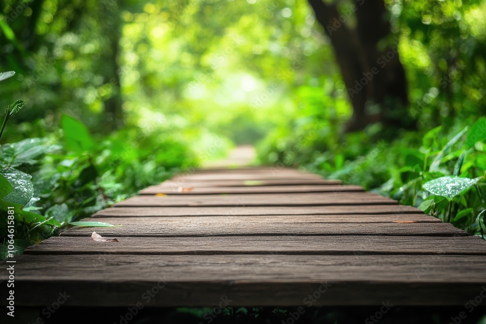 Wooden Pathway Through Lush Green Forest Wooden Pathway Through Lush Green Forest