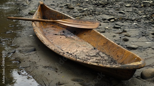 Wooden Canoe on a Sandy Riverbank