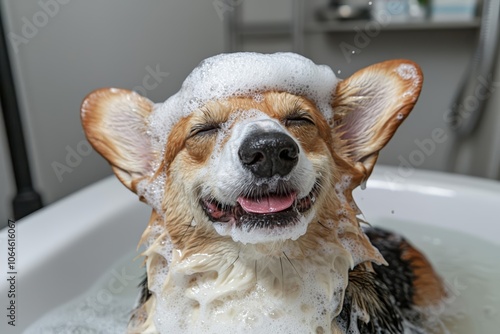 Funny portrait of a welsh corgi pembroke dog showering with shampoo.  Dog taking a bubble bath in grooming salon. , isolated on white background,  , copy space for text, photo