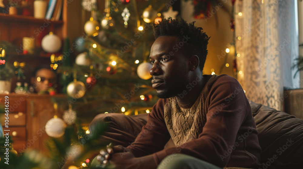 African-American man sitting on a couch in a dimly lit living room, staring at a small Christmas tree surrounded by festive decorations but feeling isolated. Lonely holidays Xmas New Year celebrations African-American man sitting on a couch in a dimly lit living room, staring at a small Christmas tree surrounded by festive decorations but feeling isolated. Lonely holidays Xmas New Year celebrations