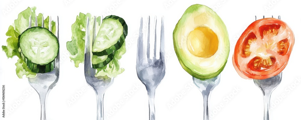 Vegetables on Fork isolated white background,Fresh organic vegetables, Hand drawn watercolor illustration isolated on white background,Healthy salad food,space for text. Vegetables on Fork isolated white background,Fresh organic vegetables, Hand drawn watercolor illustration isolated on white background,Healthy salad food,space for text.