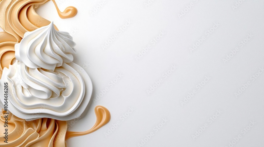 A photostock of whipped cream swirls on a white background, smooth and soft. A photostock of whipped cream swirls on a white background, smooth and soft.